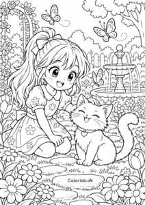 Manga-pige med magisk kat i blomsterhave – gratis tegning