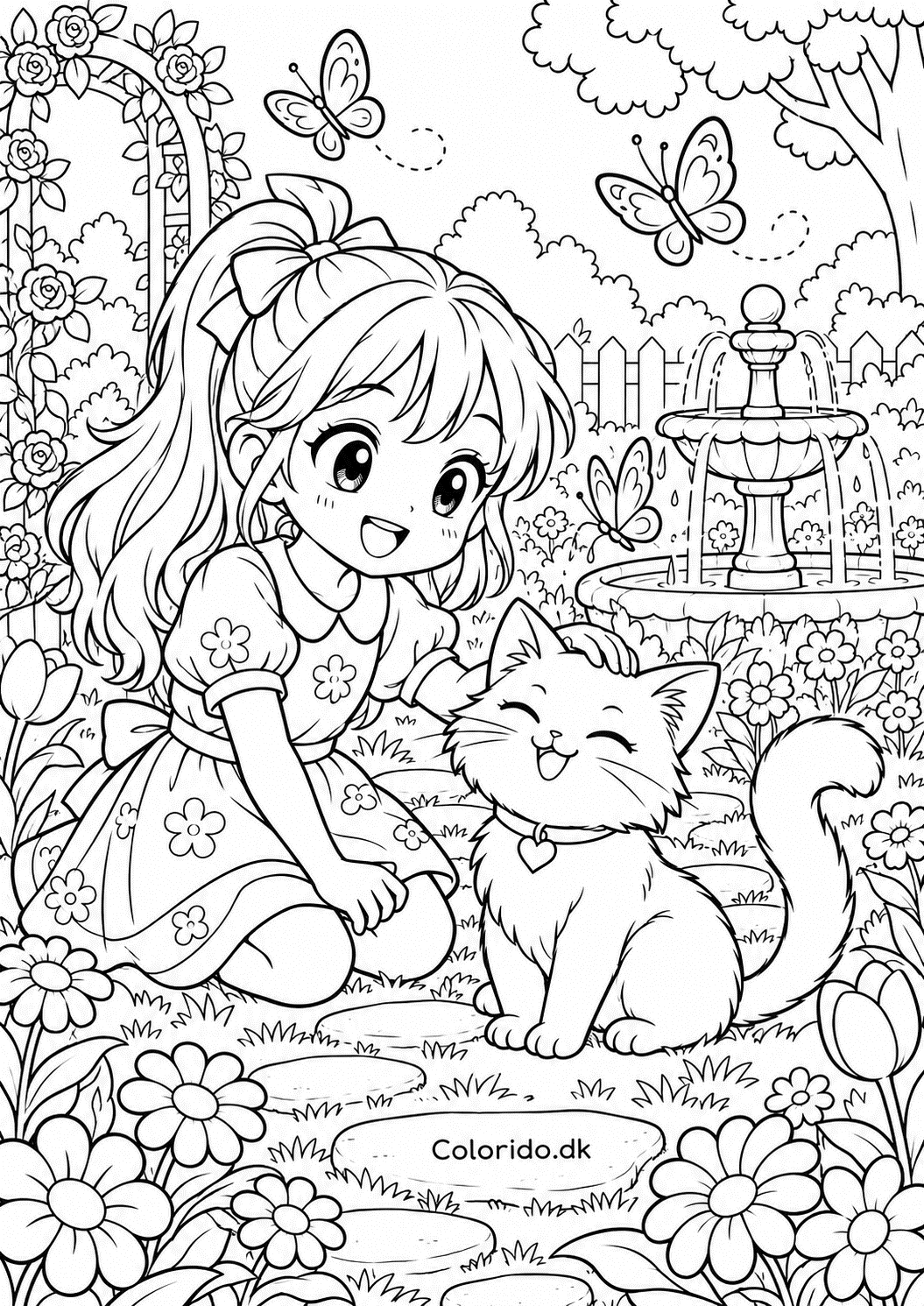 Manga-pige med magisk kat i blomsterhave – gratis tegning