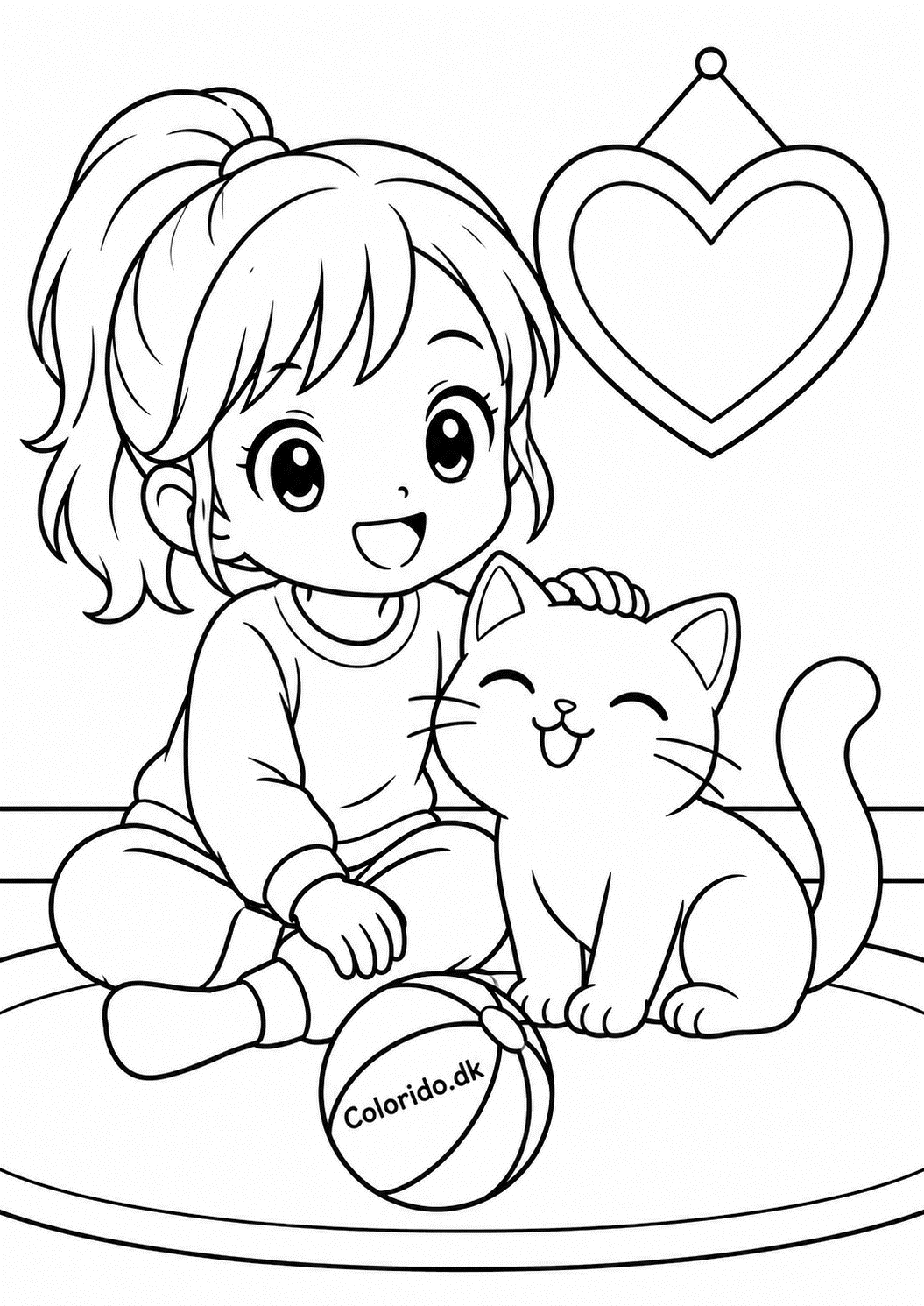 Manga-pige med sød kat – gratis tegning til print