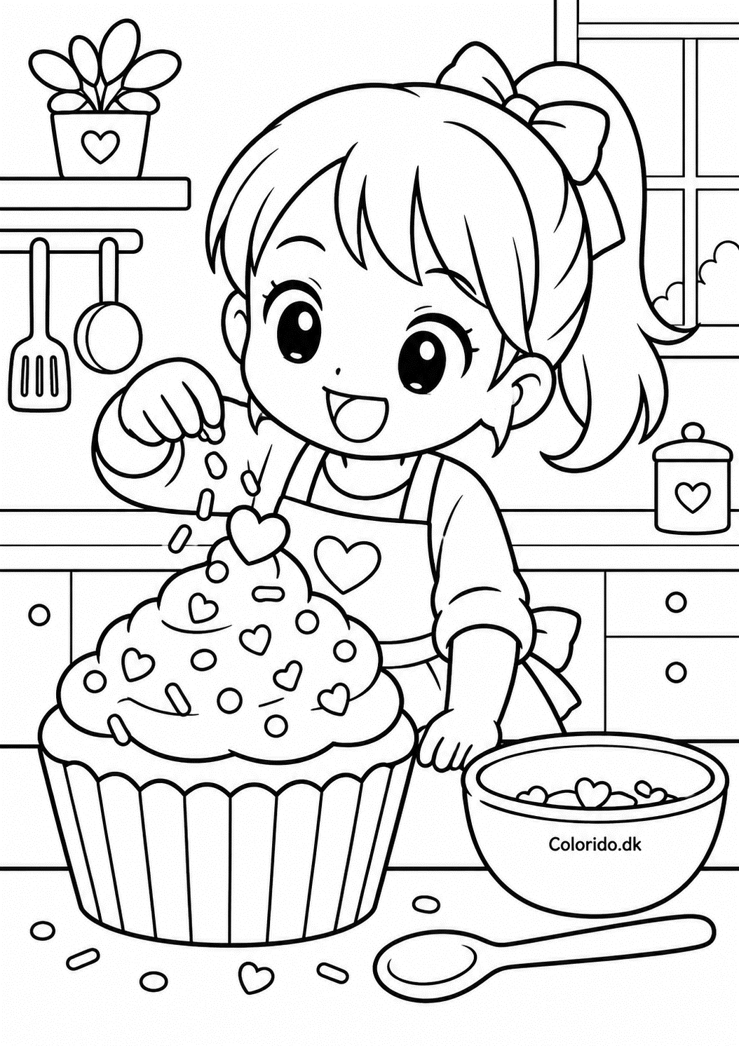 Manga-pige pynter en cupcake – tegning til print
