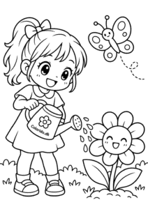 Manga-pige vander en blomst – let tegning til farvelægning