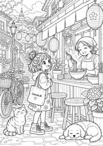 Manga-pige ved nudelbod i byen – tegning til print
