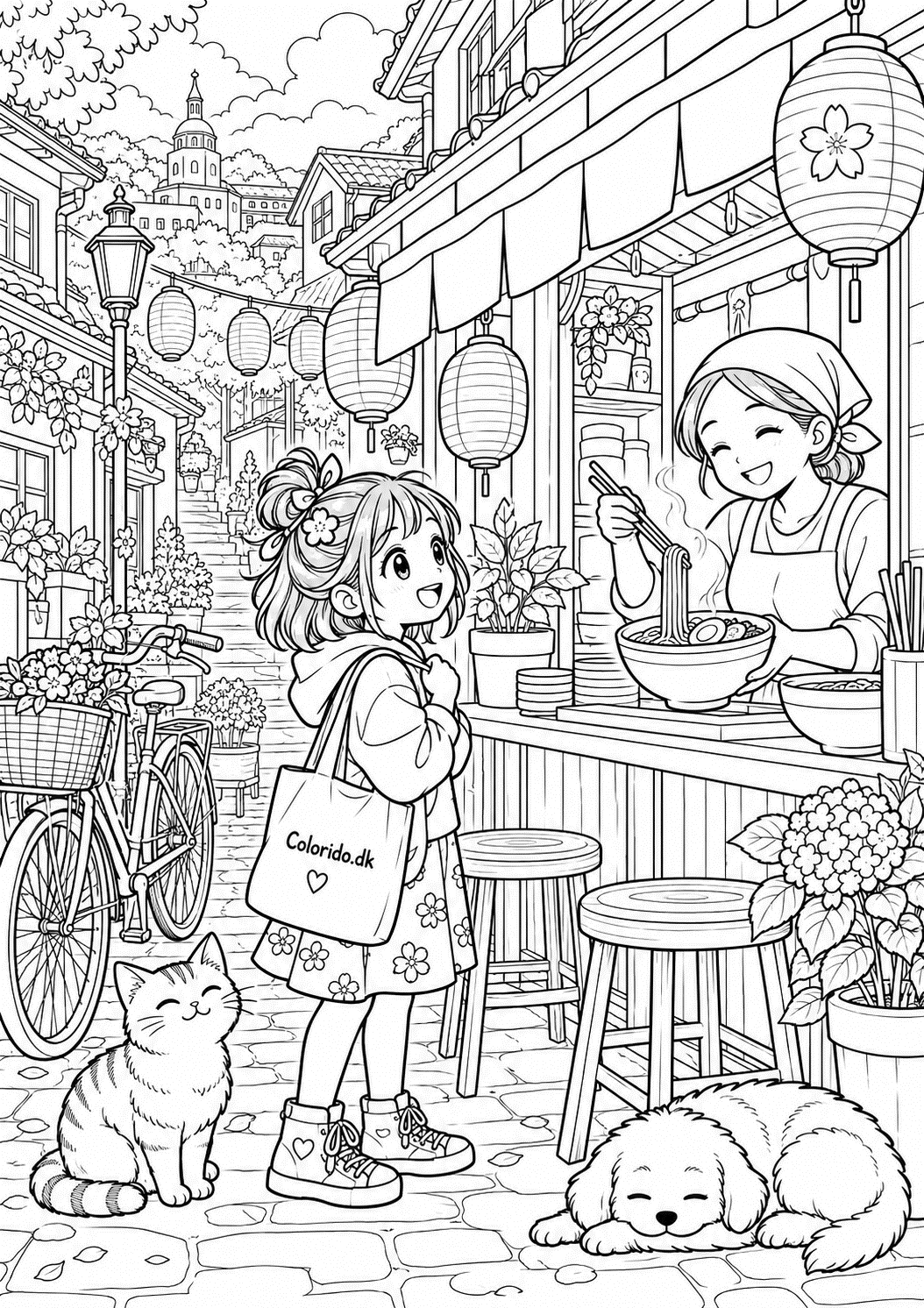 Manga-pige ved nudelbod i byen – tegning til print