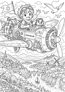 Manga-pilot i fantasifuld flyvemaskine – detaljeret farvelægning