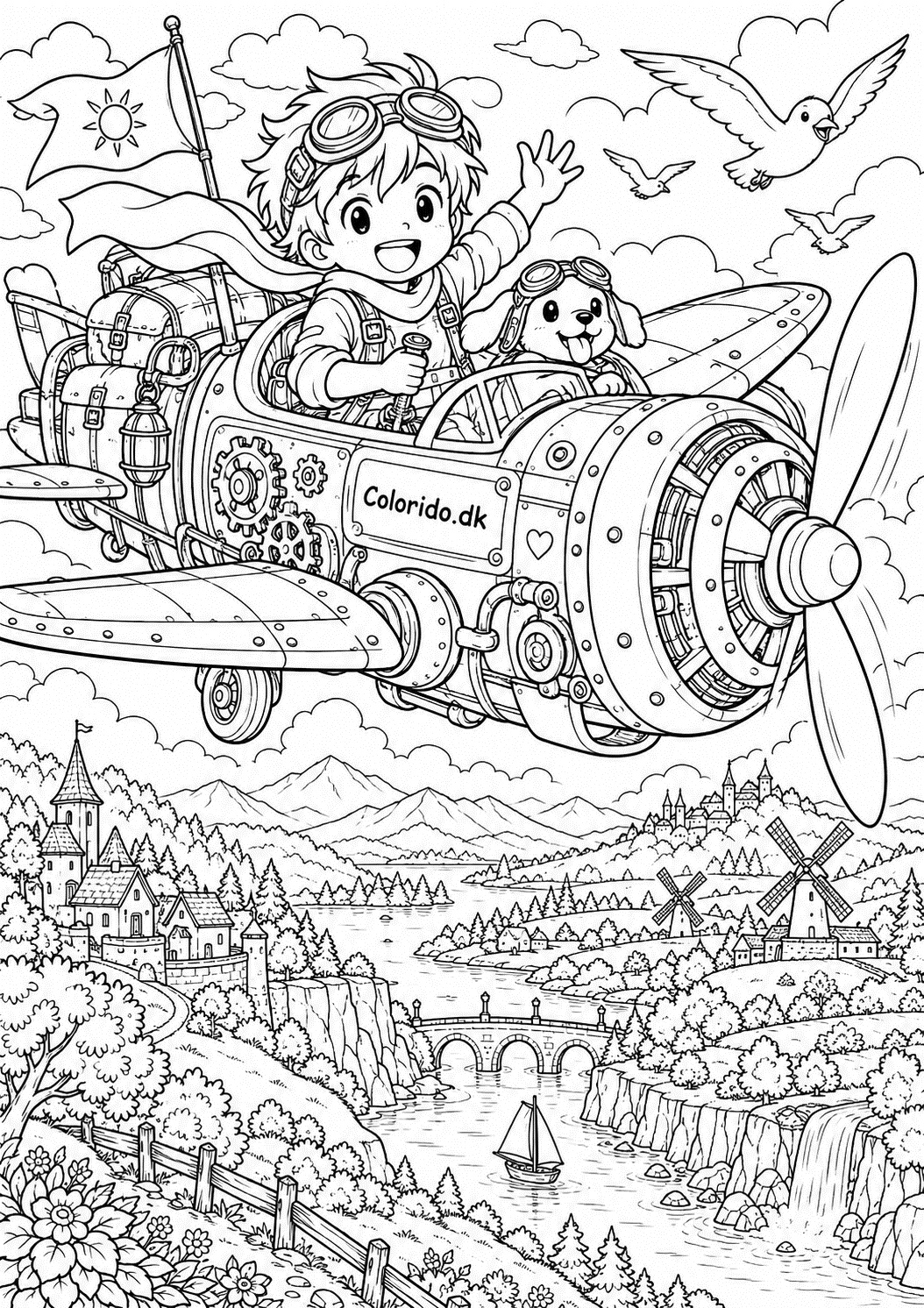 Manga-pilot i fantasifuld flyvemaskine – detaljeret farvelægning