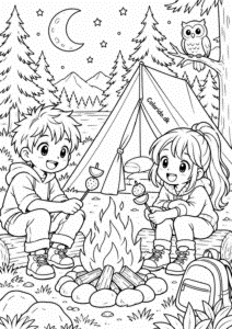 Manga-venner på campingtur – farvelægningstegning