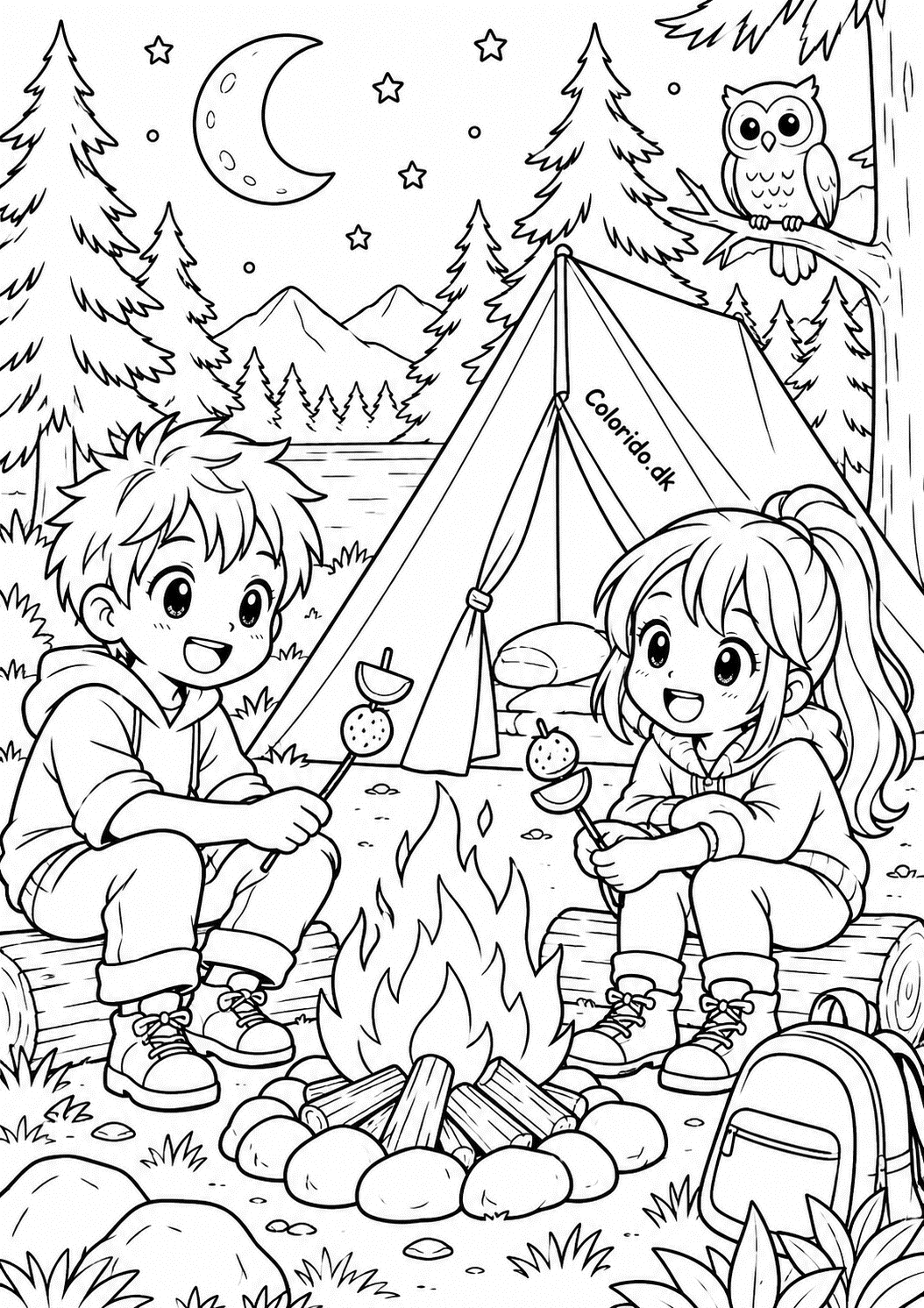 Manga-venner på campingtur – farvelægningstegning