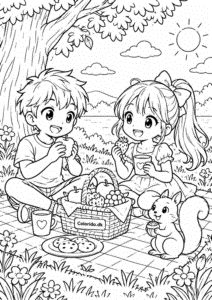 Manga-venner på picnic – hyggelig tegning til print