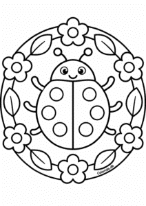 Mariehøne-mandala med blomster til farvelægning