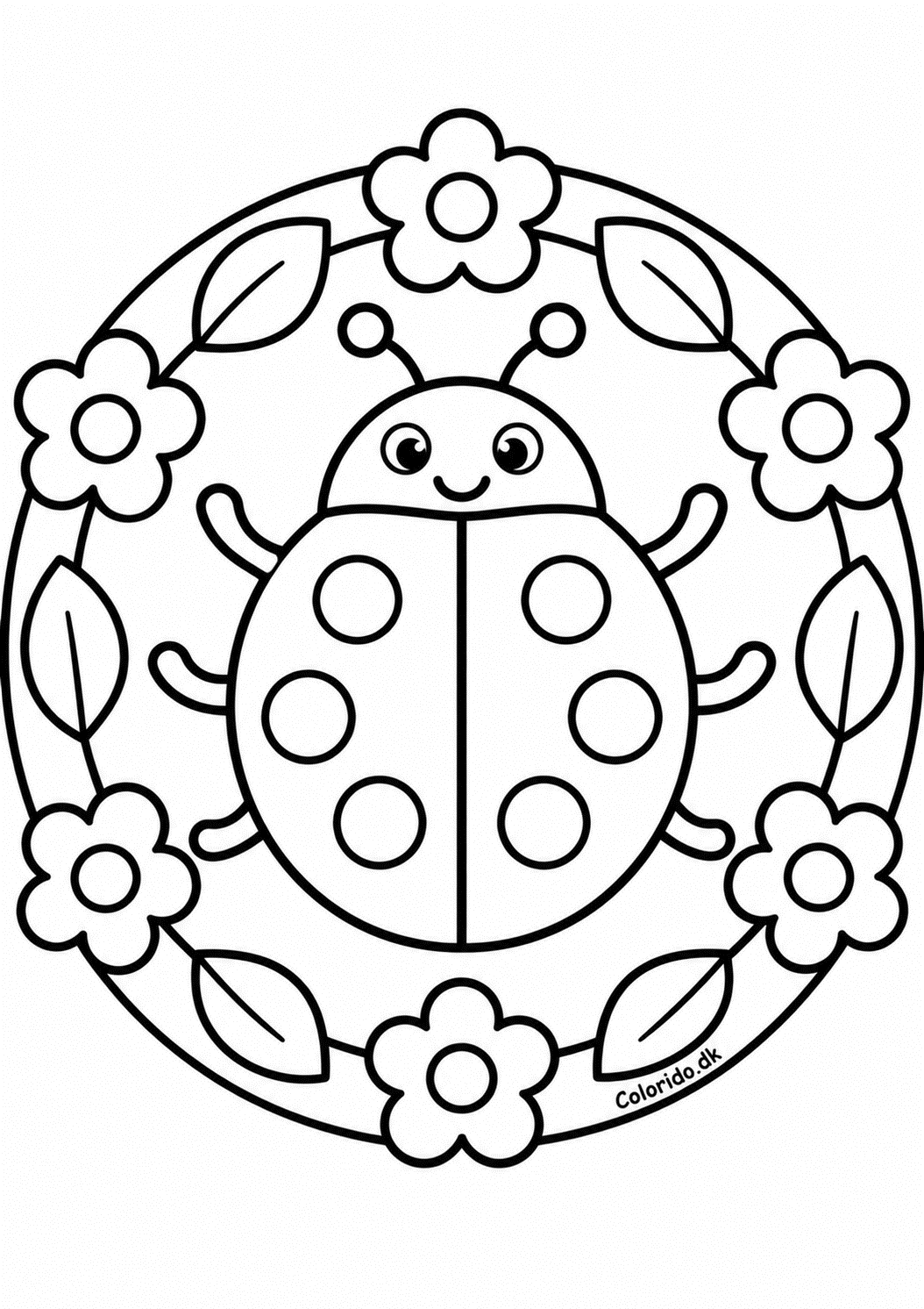 Mariehøne-mandala med blomster til farvelægning