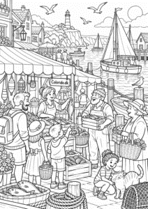 Mennesker på et livligt havnemarked – tegning til print