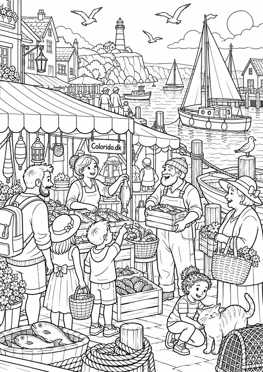 Mennesker på et livligt havnemarked – tegning til print