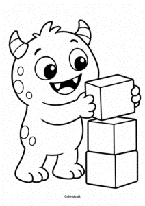 Monster bygger med klodser – let tegning til print
