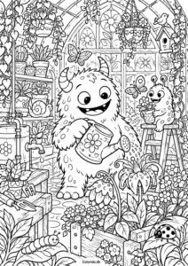 Monster passer blomster i et magisk drivhus