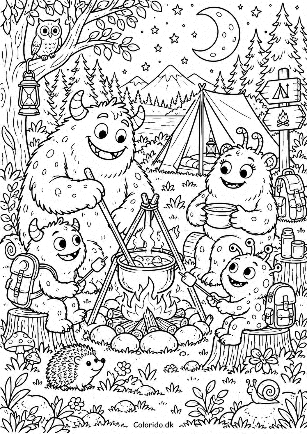 Monsterfamilie på camping under stjernerne