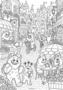 Monstre i en hyggelig monsterby – detaljeret tegning