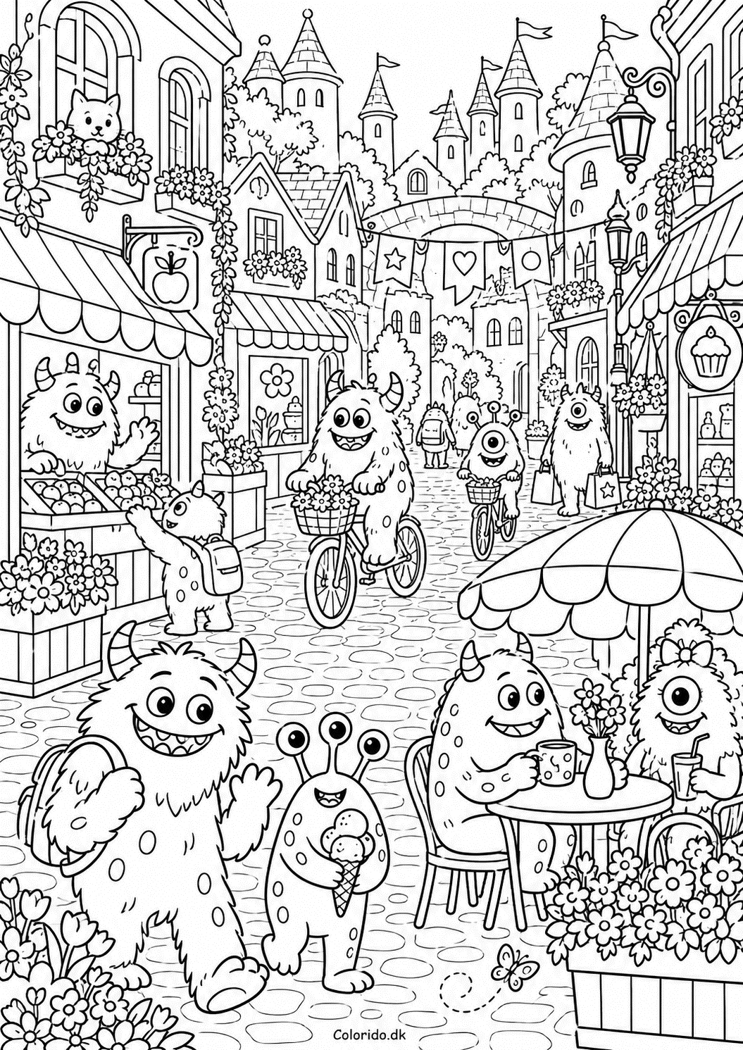 Monstre i en hyggelig monsterby – detaljeret tegning