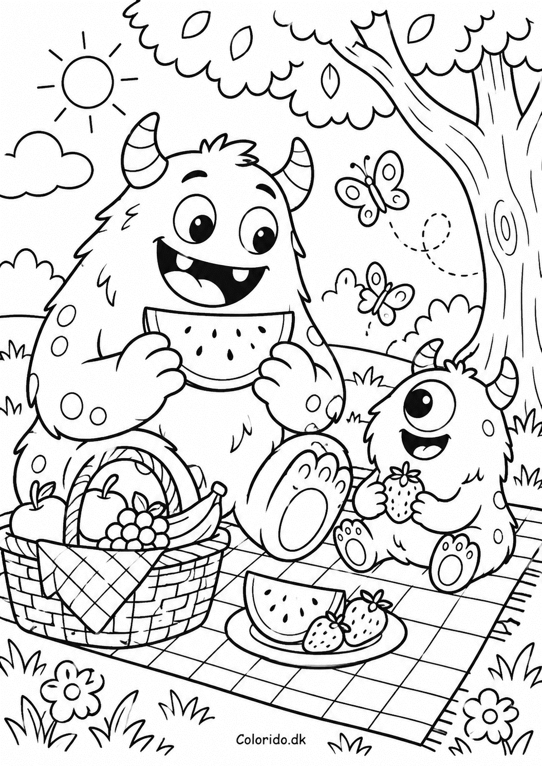 To søde monstre på picnic – gratis tegning