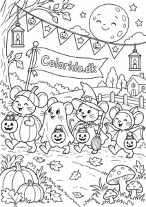 Musenes Halloween-parade – gratis tegning til print