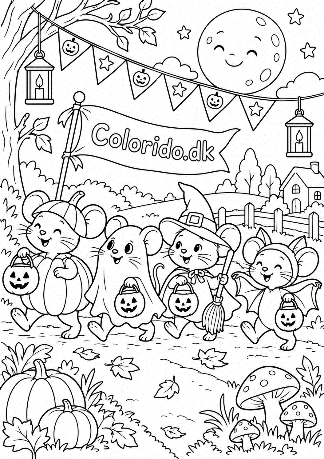 Musenes Halloween-parade – gratis tegning til print