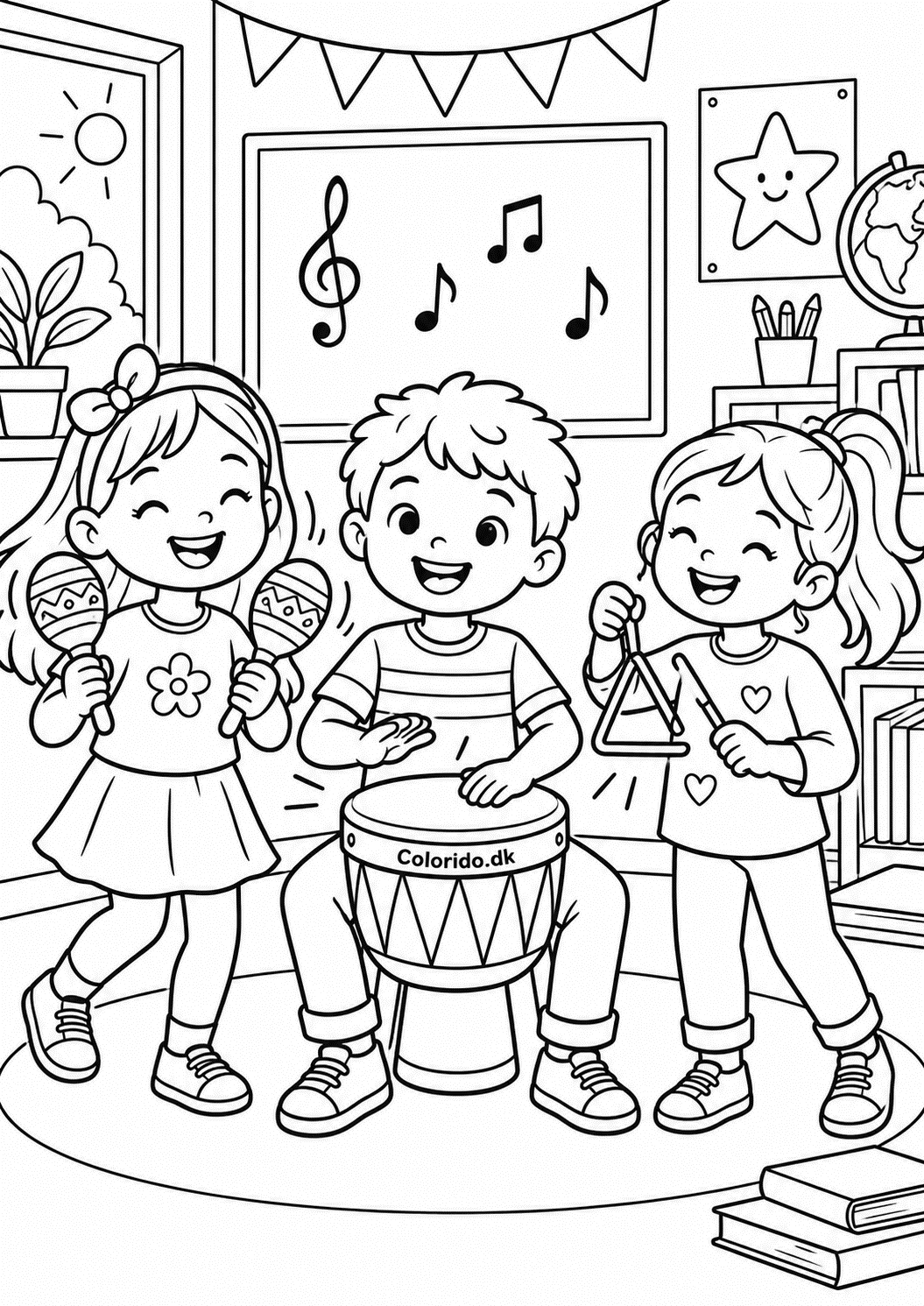Musiktime med tromme og maracas – skoletegning til farvelægning