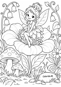 Original blomsterfe i eventyrhave – tegning til print