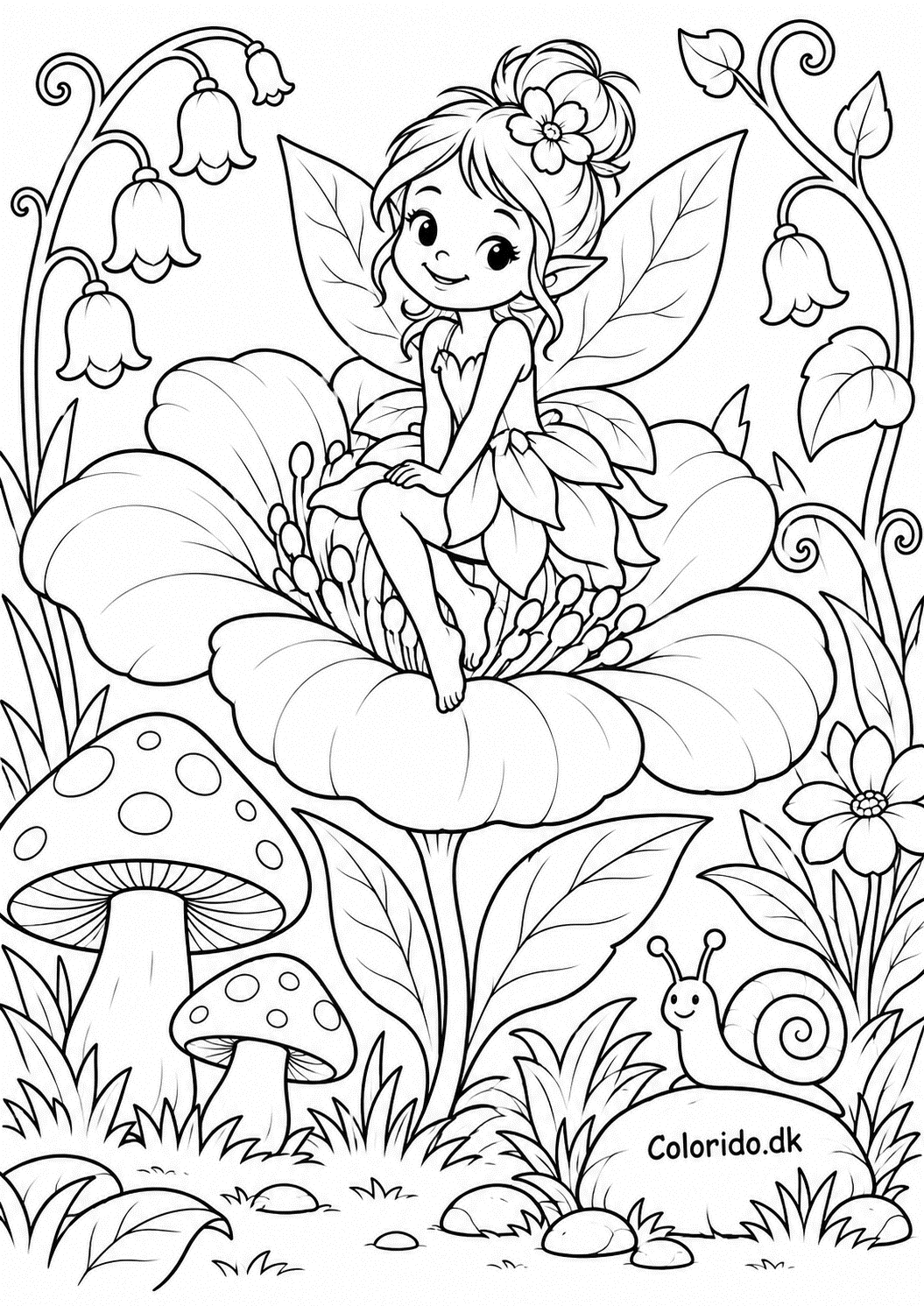 Original blomsterfe i eventyrhave – tegning til print