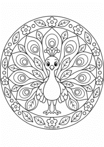 Påfugl-mandala med flotte fjer til farvelægning