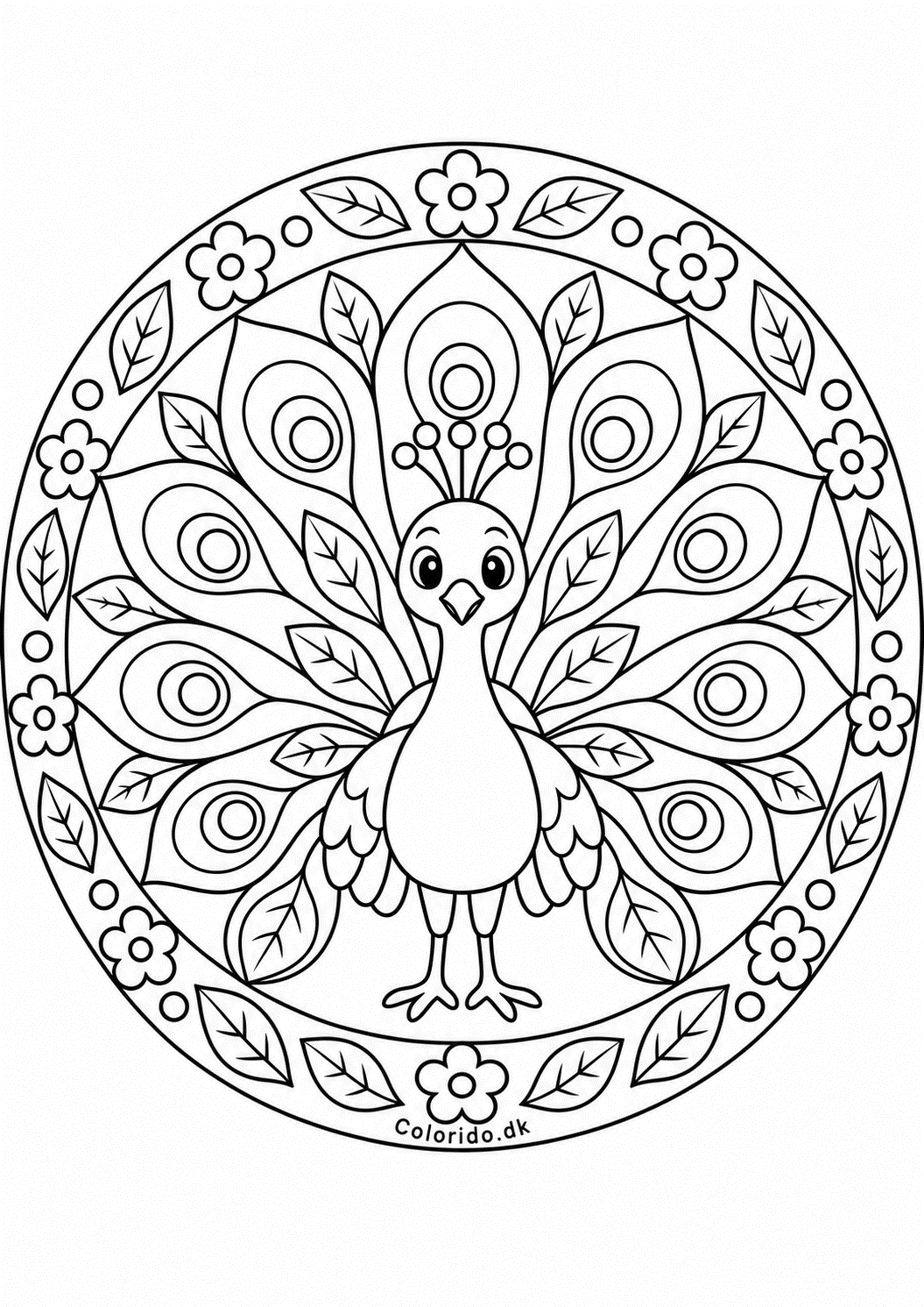 Påfugl-mandala med flotte fjer til farvelægning