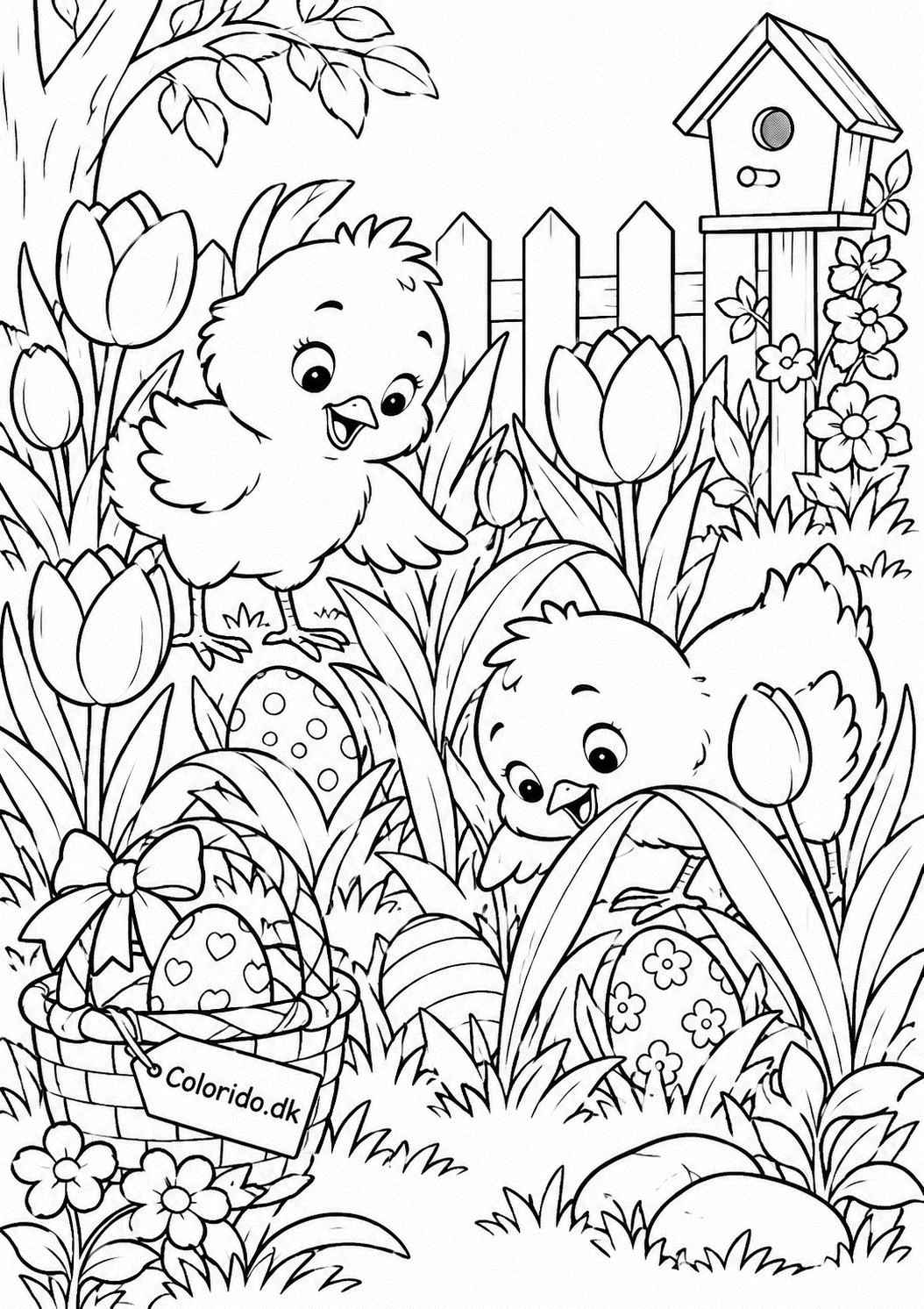 Påskekyllinger på æggejagt i blomsterbedet