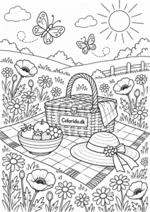 Picnic på blomstereng – hyggelig sommertegning