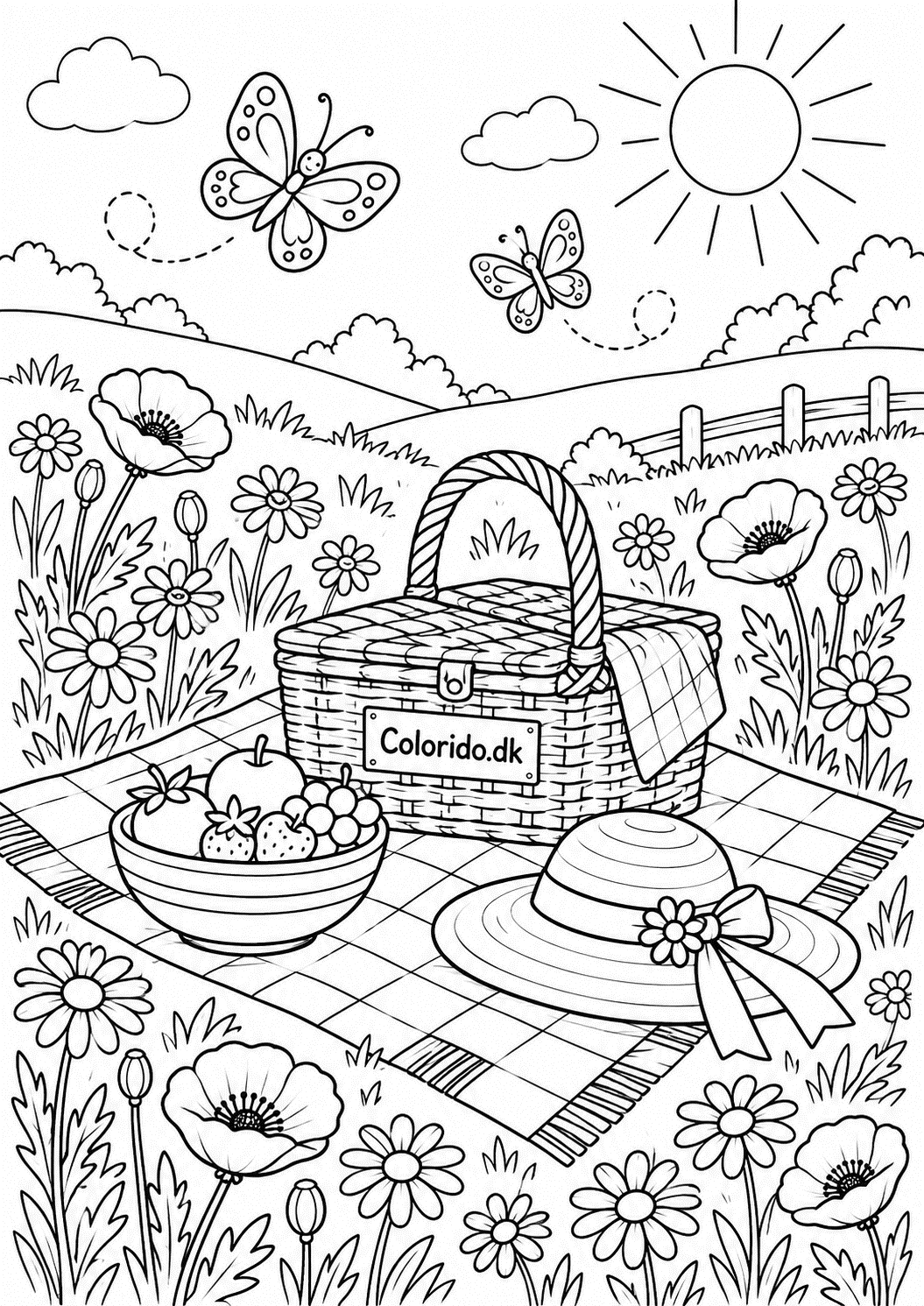 Picnic på blomstereng – hyggelig sommertegning