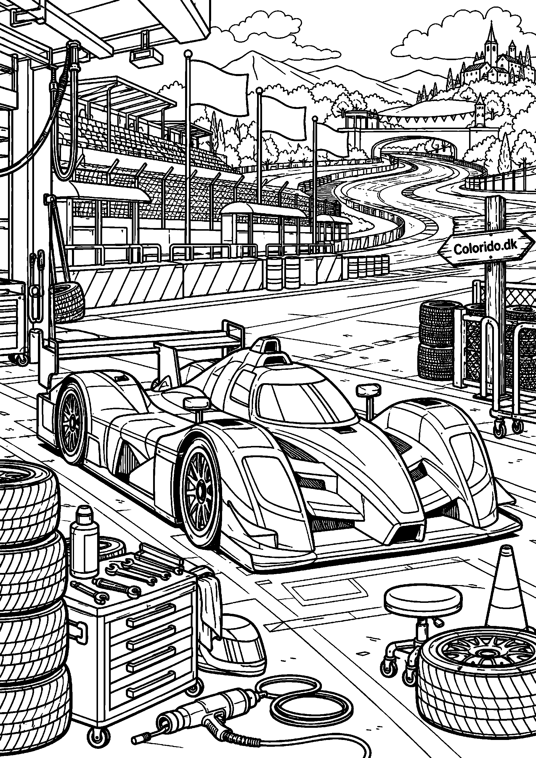 Racebil i pitlane – avanceret biltegning til print