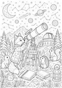 Ræv som astronom under stjernerne – tegning til print