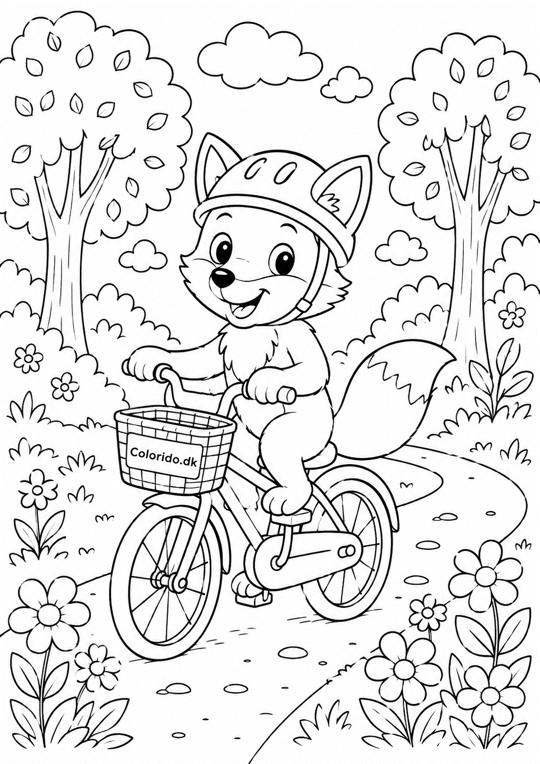 Ræv cykler gennem skoven – gratis tegning til print
