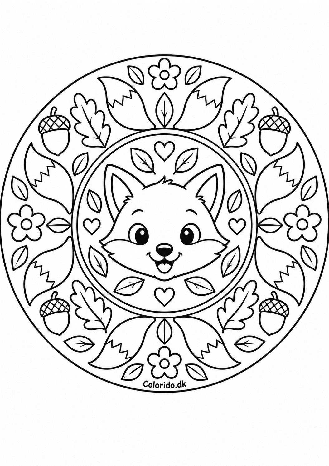 Rævemandala med blade og agern til farvelægning