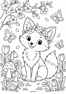 Ræv med blomsterkrans – forårstegning til farvelægning