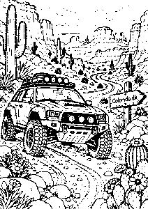 Rallybil i en ørkenkløft – svær tegning til farvelægning