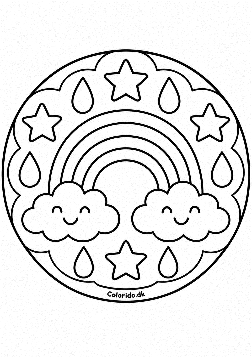 Regnbue-mandala for børn med skyer og stjerner