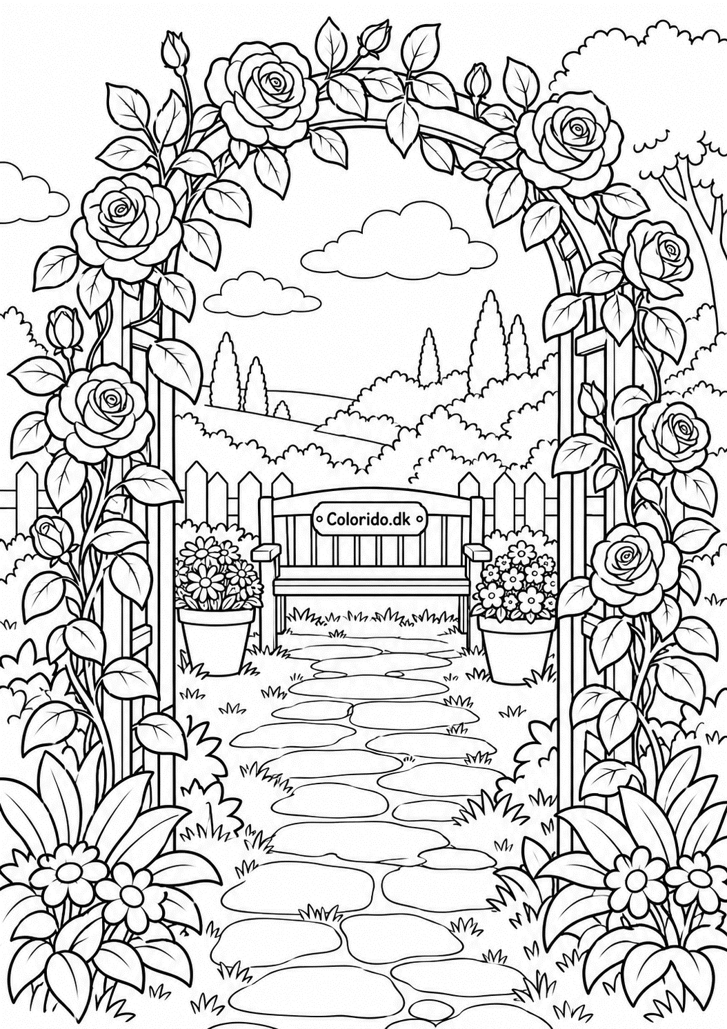 Rosenbue og havegang – blomstertegning til print