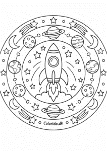 Rumraket-mandala med planeter og stjerner
