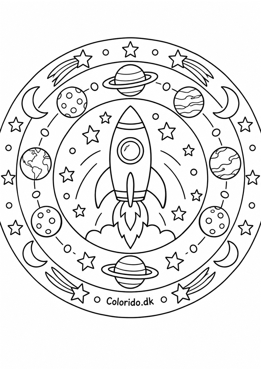 Rumraket-mandala med planeter og stjerner