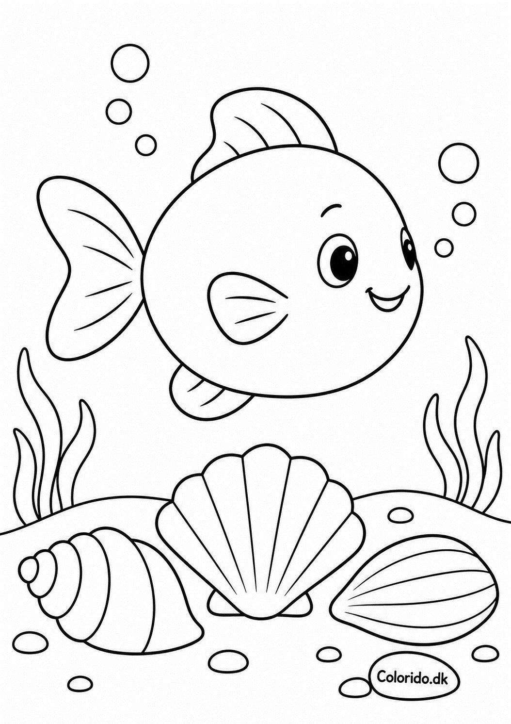 Rund fisk med muslingeskaller – mal selv-tegning