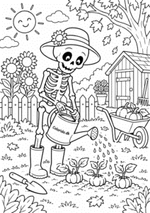 Skelet arbejder i haven – Halloween tegning til farvelægning