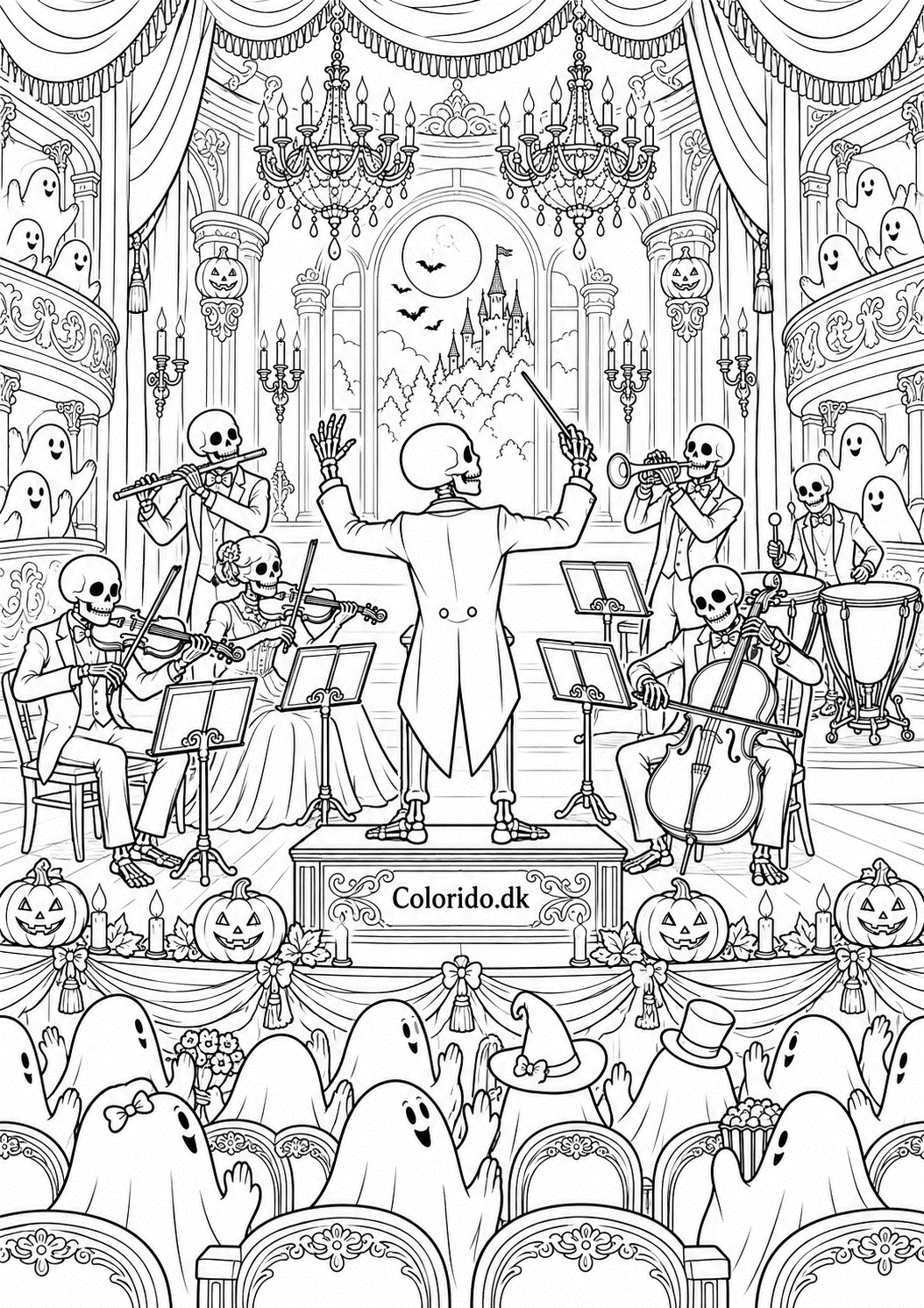 Skeletorkester i gammelt teater – svær Halloween tegning