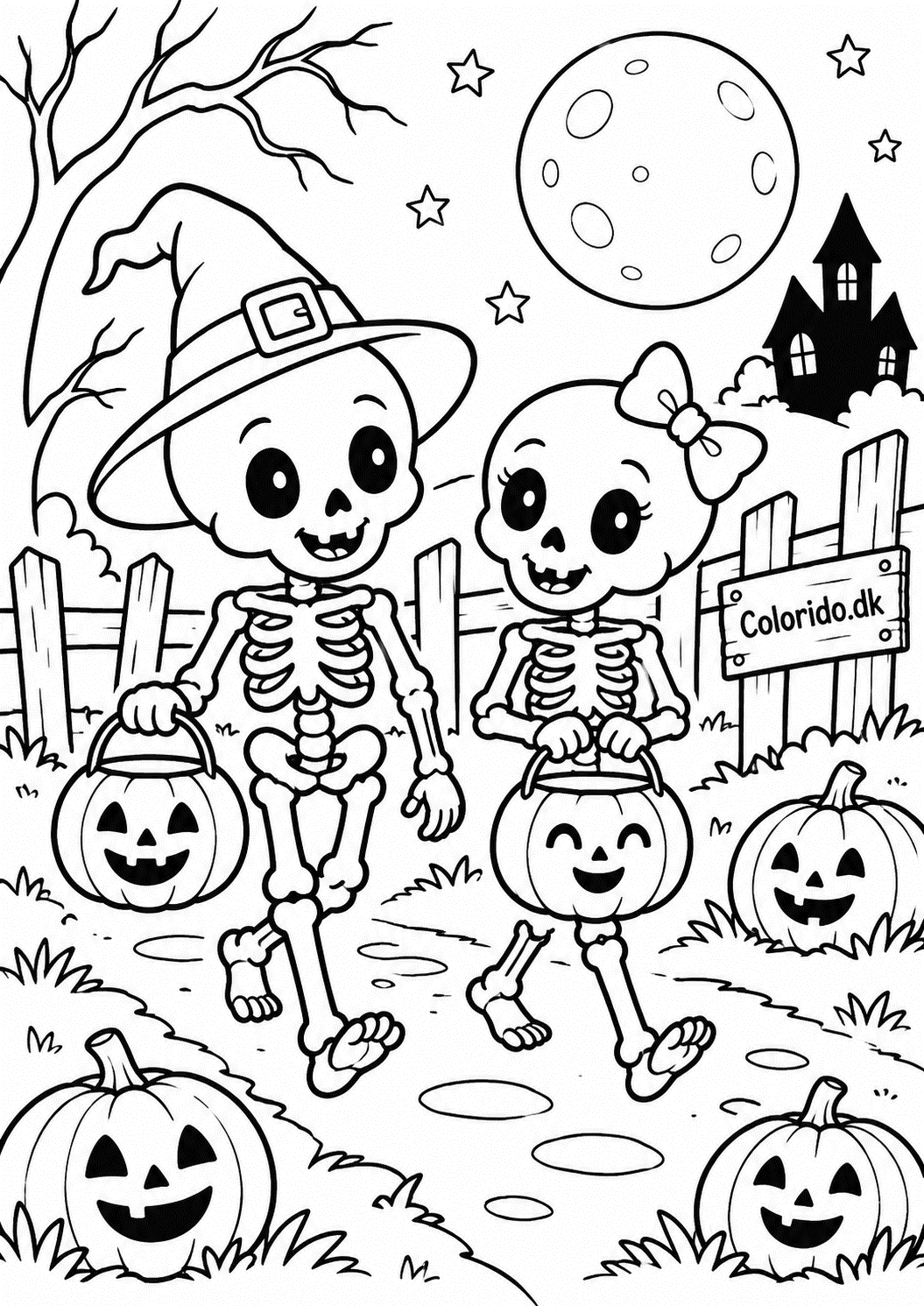 Skeletvenner på halloweenstur – detaljeret skelettegning til print