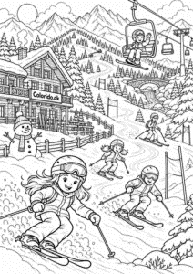 Skihytte med lift i bjergene – avanceret vintertegning