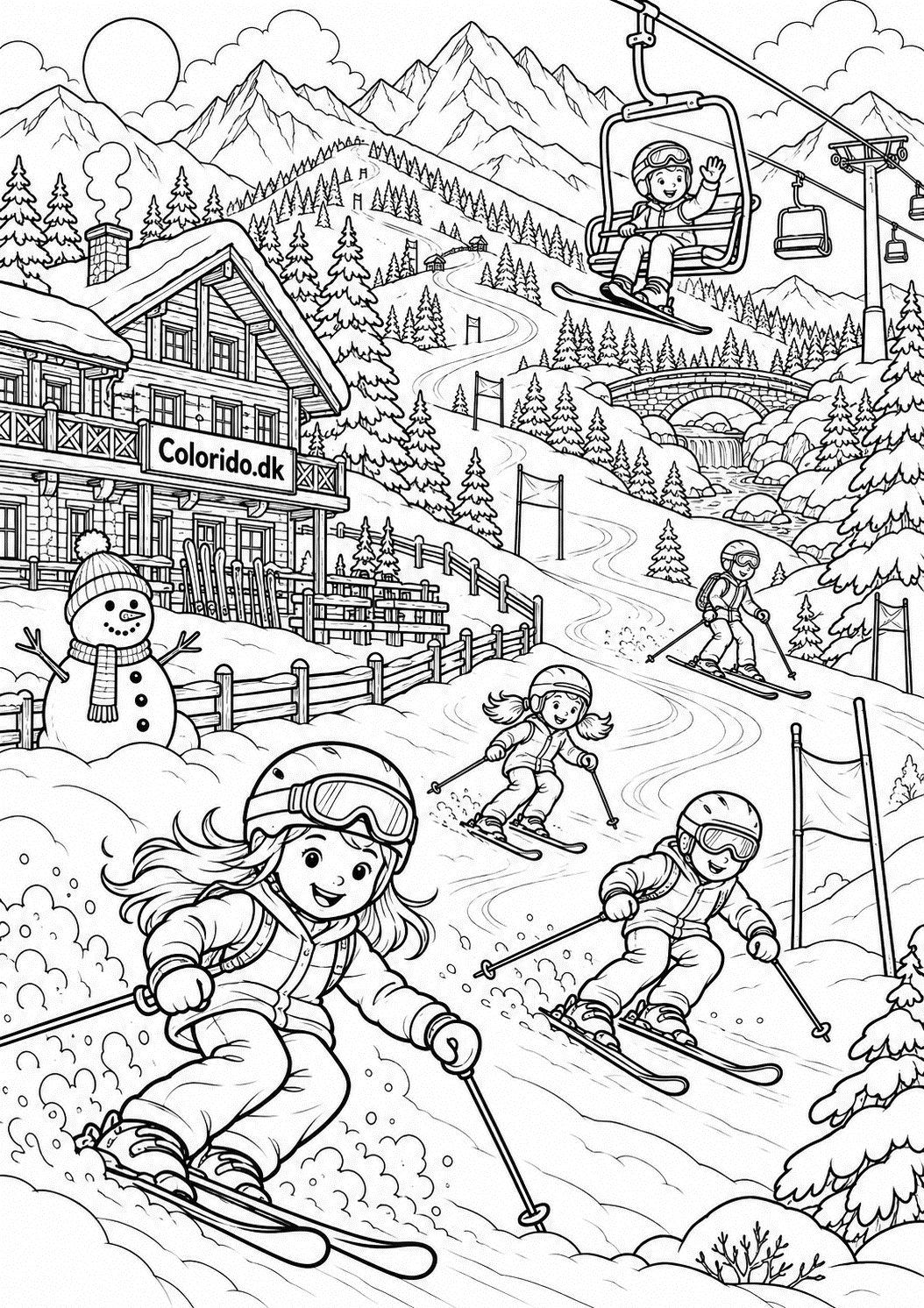 Skisportssted i bjergene – svær vintertegning til print