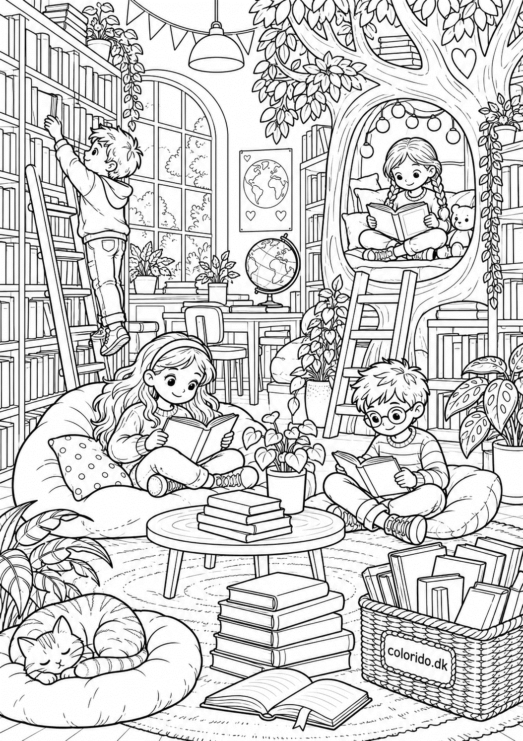 Skolebibliotek med hyggelig læsehule – detaljeret skoletegning til print