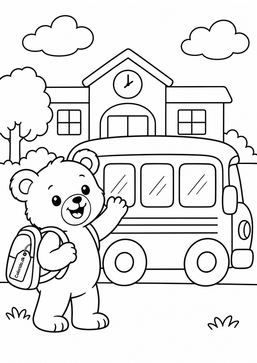 Skolebus med glad bjørn – nem skoletegning til print
